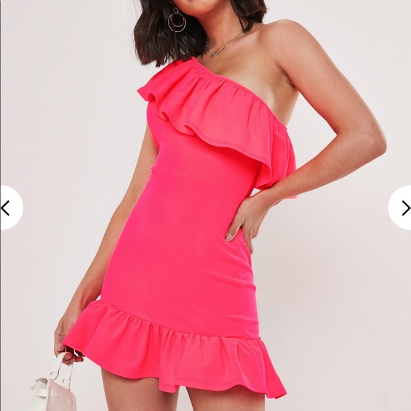 Missguided Dresses & Skirts - Misguided petite neonpink one shoulder frill dress